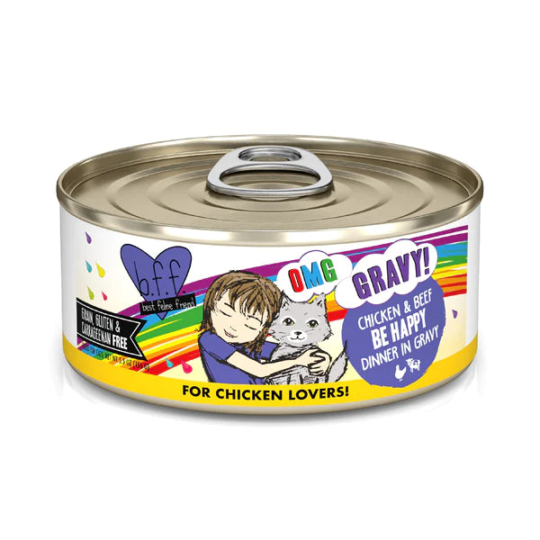    - Cat food for spayed/neutered cats  BFF OMG Chicken & Beef Be Happy