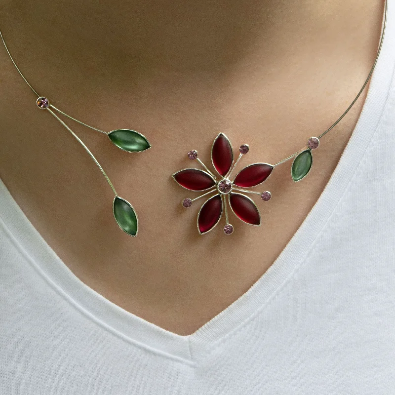 ---Fuchsia and Sage Green Cherry Blossom Necklace