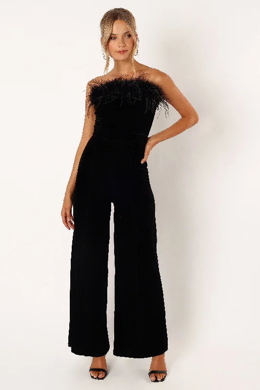 - ​​Christmas pet Christmas clothingDonatella Feather Trim Jumpsuit - Black