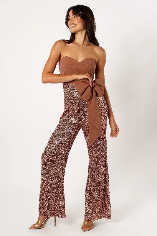 - Remote interactive pet feederJacquelin Bow Waist Sequin Jumpsuit - Tan