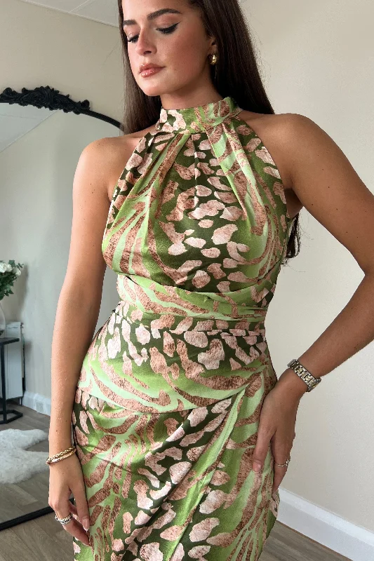 Alessia Halter Neck Midi Dress Green Print