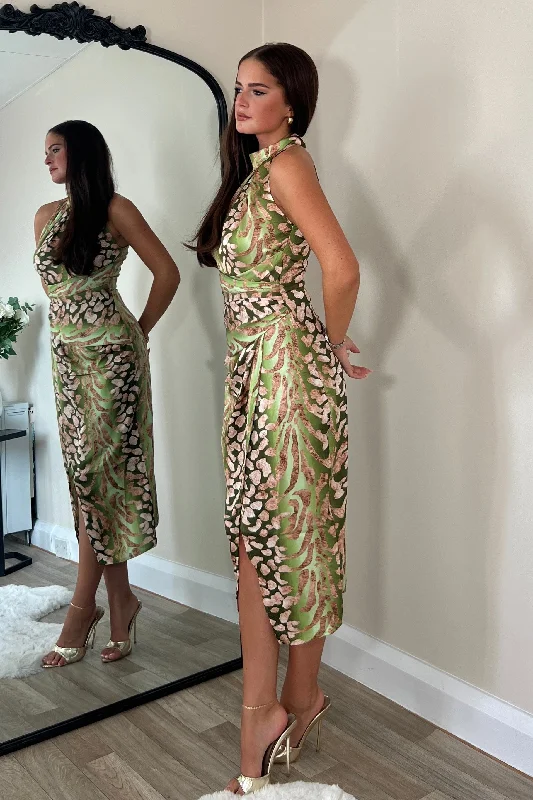 Alessia Halter Neck Midi Dress Green Print