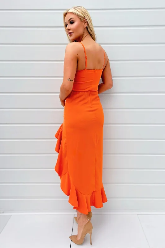 Blood Orange Halter Neck Frill Hem Midi Dress