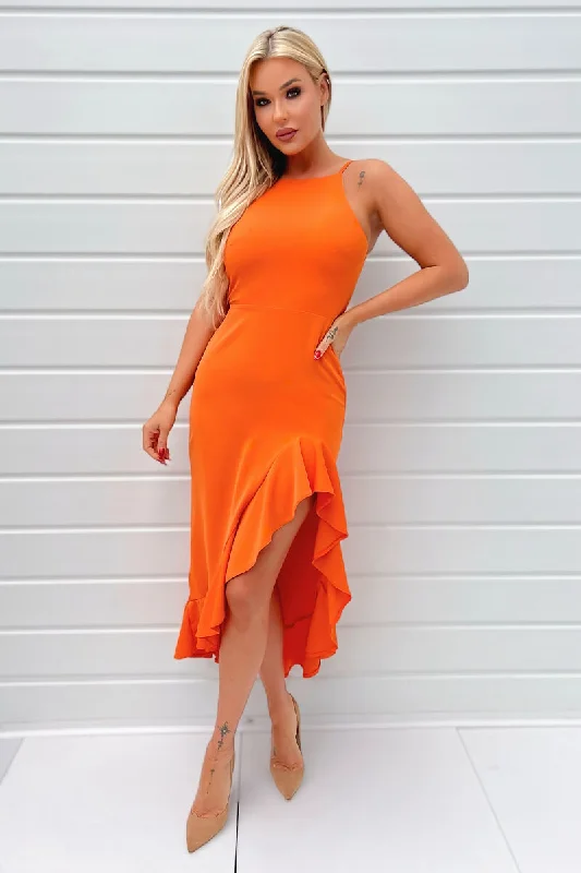 Blood Orange Halter Neck Frill Hem Midi Dress