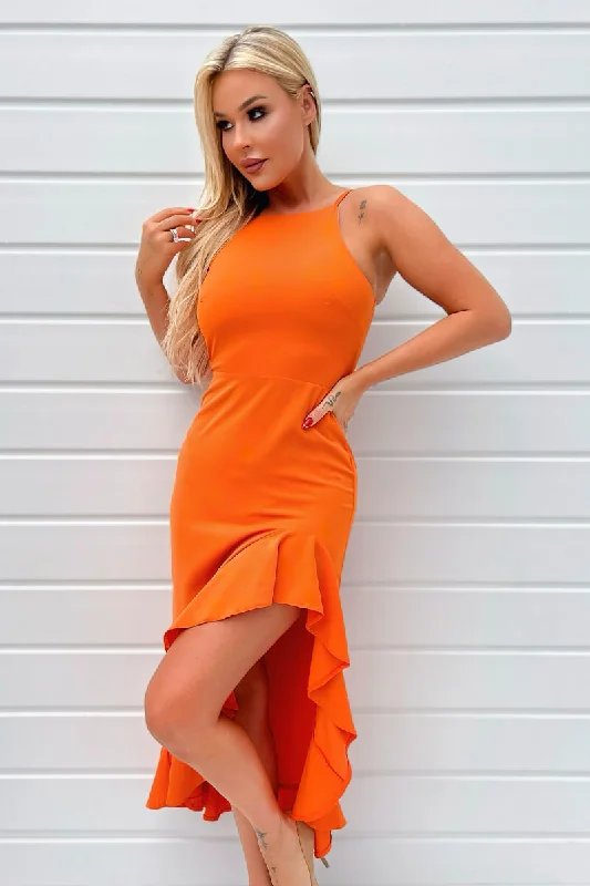 Blood Orange Halter Neck Frill Hem Midi Dress