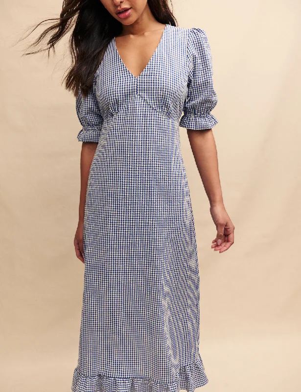 Blue Gingham Delilah Midi Tea Dress