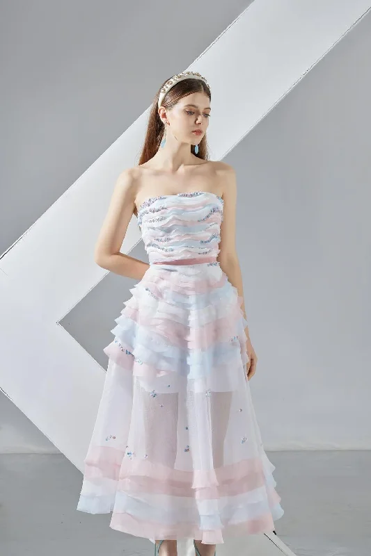 Dallas Strapless Layered Organza Midi Dress