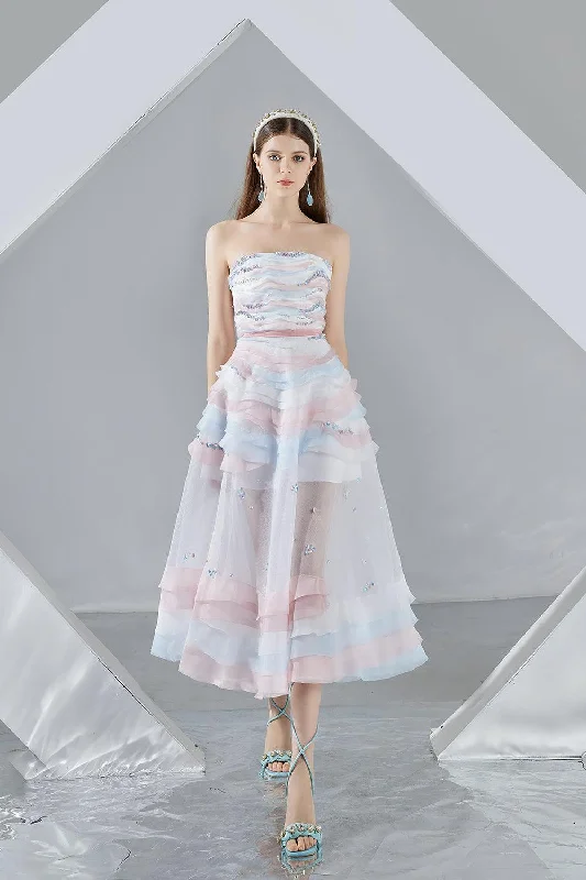 Dallas Strapless Layered Organza Midi Dress