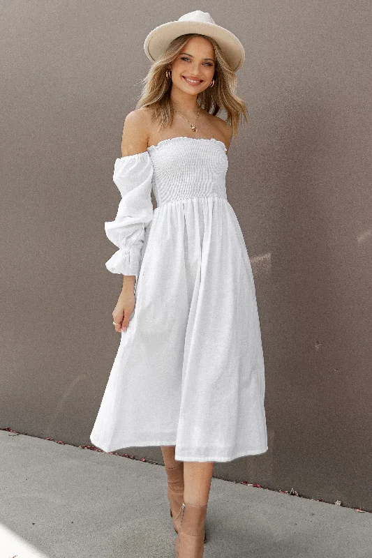 Domenica Shirred Long Sleeve Midi Dress - White