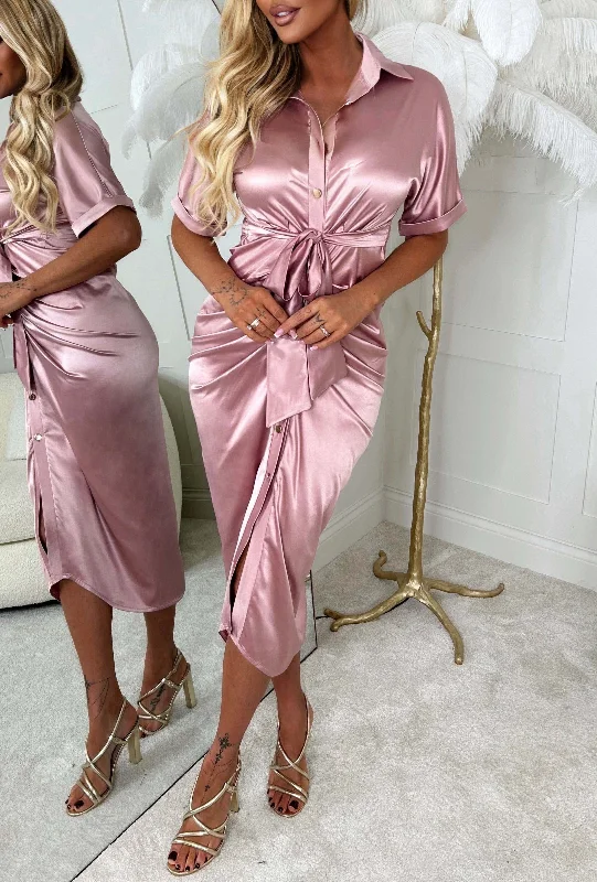 Elegant Luxury Blush Pink Stretch Satin Button Ruched Midi Dress