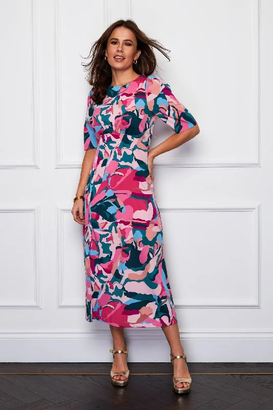 Ellen Pink Multi Print Midi Dress