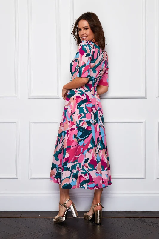 Ellen Pink Multi Print Midi Dress