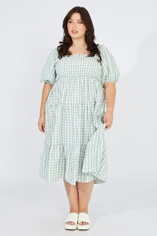 Green Check Midi Dress Short Sleeve Shirred Tie Back