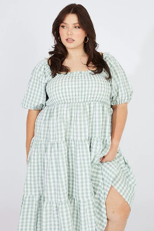 Green Check Midi Dress Short Sleeve Shirred Tie Back