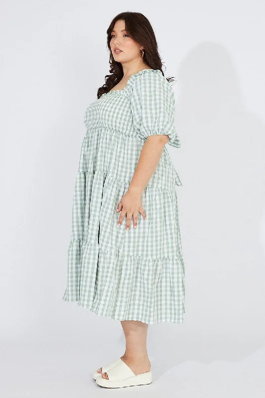 Green Check Midi Dress Short Sleeve Shirred Tie Back