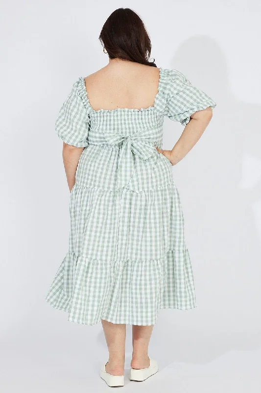 Green Check Midi Dress Short Sleeve Shirred Tie Back