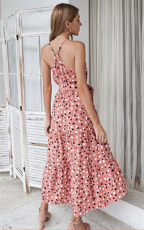 Halterneck Tiered High Low Dress In Pink & Black Polka Dot