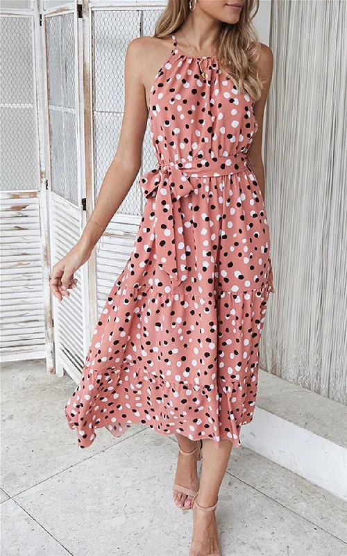 Halterneck Tiered High Low Dress In Pink & Black Polka Dot