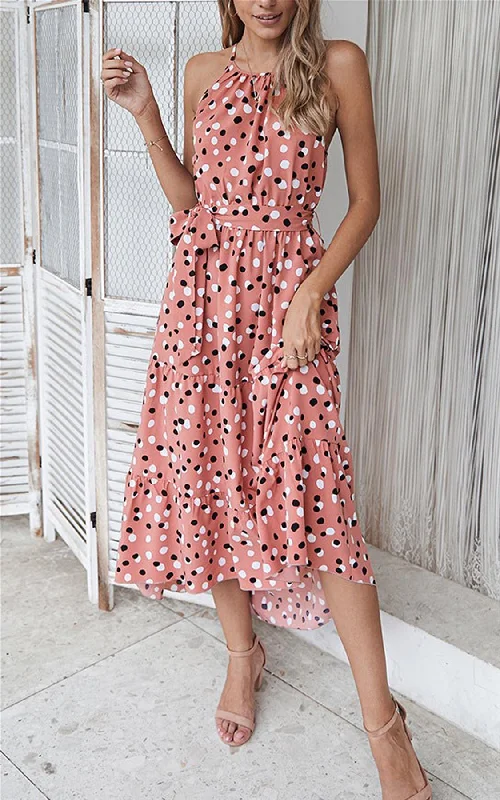 Halterneck Tiered High Low Dress In Pink & Black Polka Dot