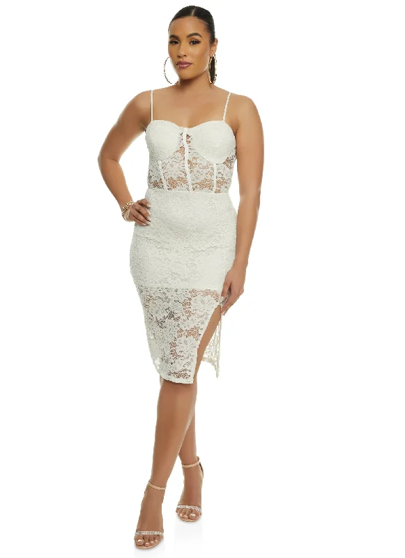 Floral Lace Bustier Side Slit Midi Dress