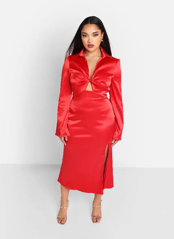 London Satin Flare Sleeve Midi A-Line Dress W. Slit