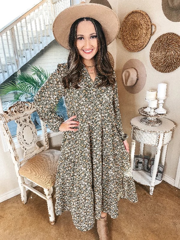 Love Song Long Sleeve Floral Midi Dress in Green