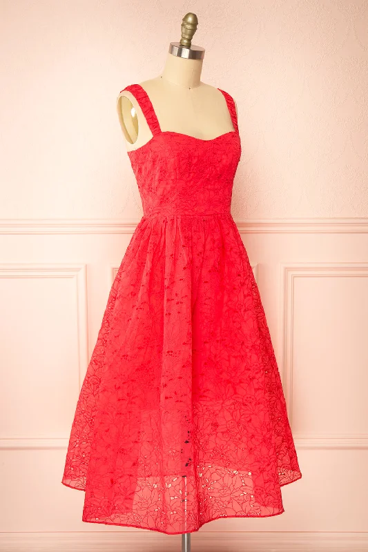 Maeva | Red Midi Dress w/ Floral Embroidery