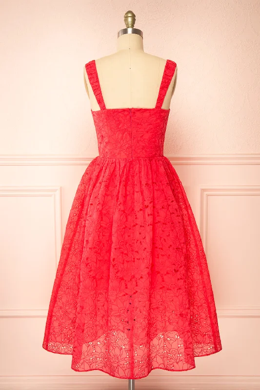 Maeva | Red Midi Dress w/ Floral Embroidery