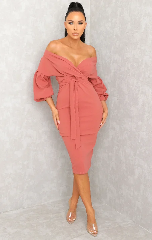 Pink Belted Bodycon Midi Dress  - Angelica