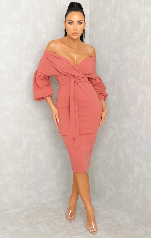 Pink Belted Bodycon Midi Dress  - Angelica