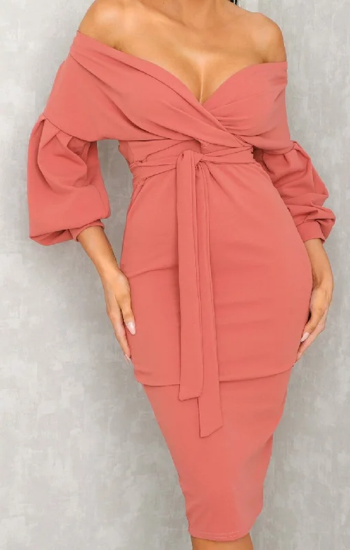 Pink Belted Bodycon Midi Dress  - Angelica