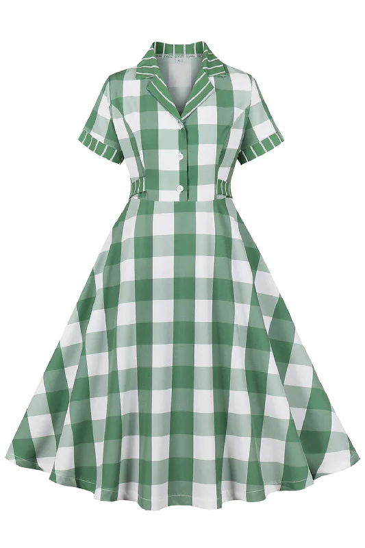 Plaid Green Short Sleeves Retro 1950s Dress with Bows