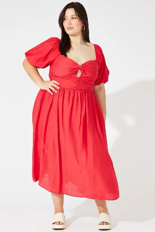 Red Ruched Waist Detail Midi Dress