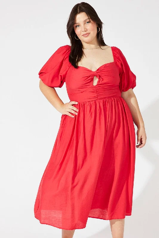 Red Ruched Waist Detail Midi Dress