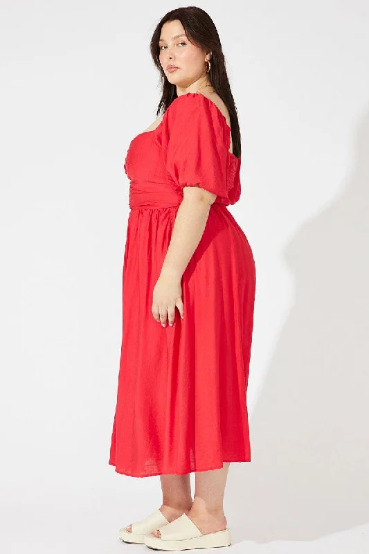 Red Ruched Waist Detail Midi Dress