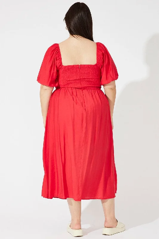 Red Ruched Waist Detail Midi Dress