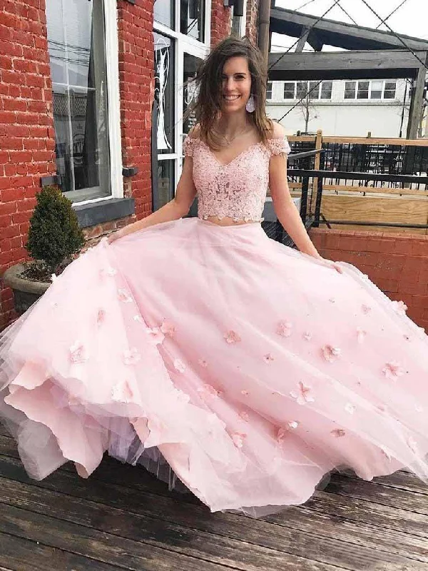 A-line 3D Flower Junior Prom Dress Lace Two Piece Prom Gown  PM214