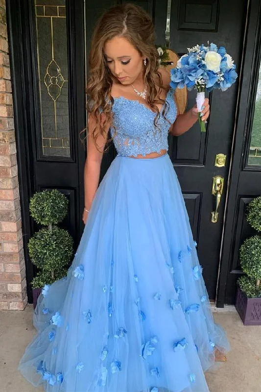 A-line 3D Flower Junior Prom Dress Lace Two Piece Prom Gown  PM214