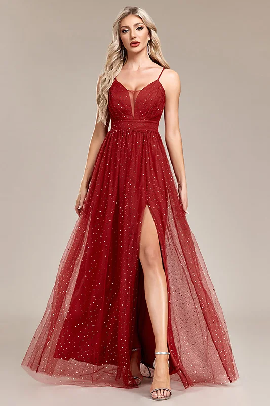 A-Line Sequins Rust Prom Dress with Slit