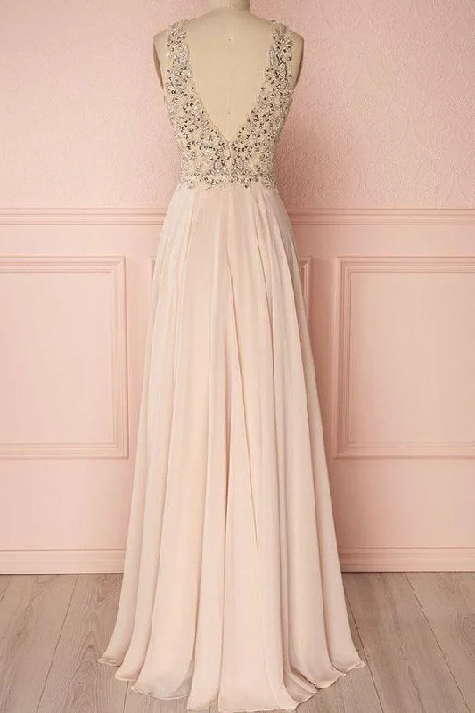 Elegant V-neck Sleeveless Pink Backless Prom Evening Dress with Sequins  PM217