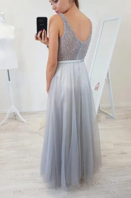 Floor Length Sleeveless Beading Tulle Prom Dresses  Long Senior Prom Gown PM222