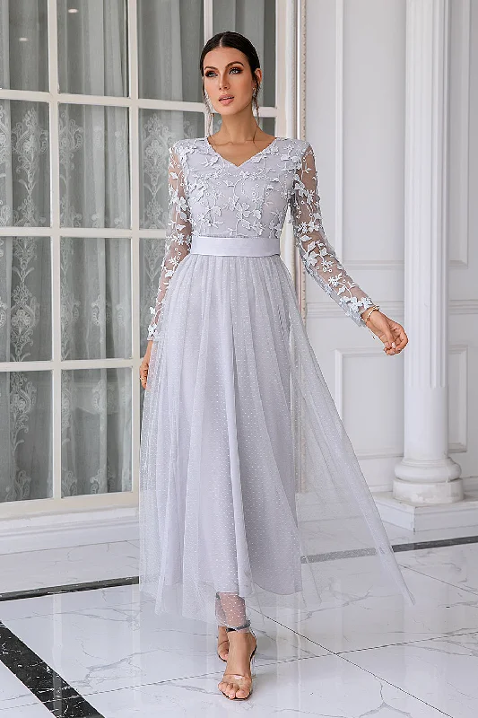 Grey Tulle V-neck Mother Dress