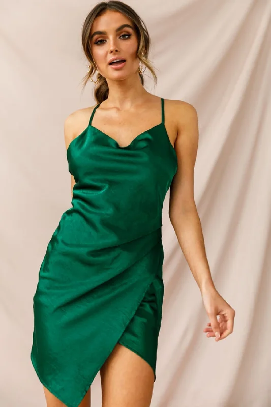 Hey Girl Cowl Neck Wrap Front Dress Forest Green