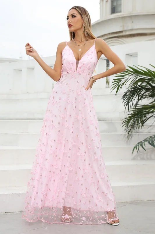 Pink Spaghetti Straps Prom Dress with Flowers