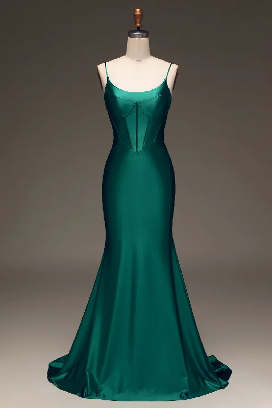 Satin Mermaid Lace-Up Back Dark Green Prom Dress