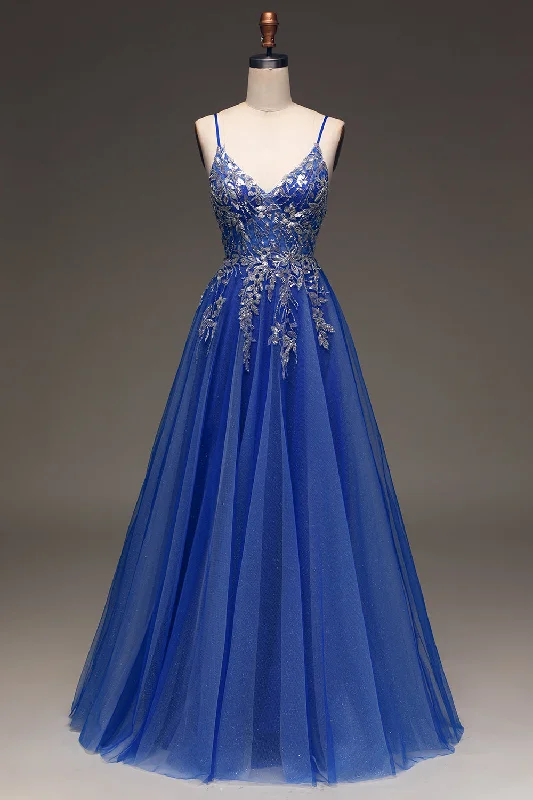 Tulle Spaghetti Straps Royal Blue Ball Gown with Sequins