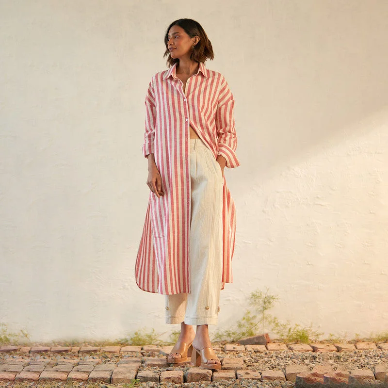 Cotton Long Shirt for Women | Red & White | Drop Shoulder