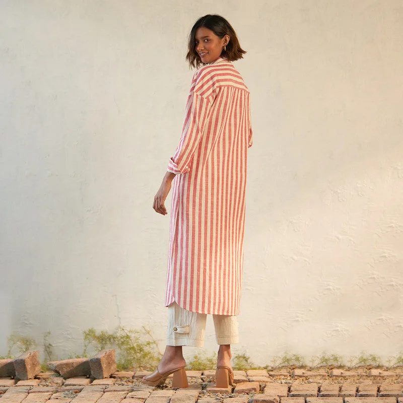 Cotton Long Shirt for Women | Red & White | Drop Shoulder