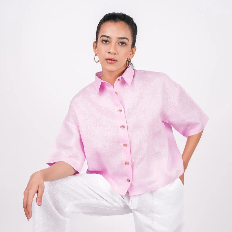 Linen Pink Shirt for Women | Half Sleeves | Drop Shoulder