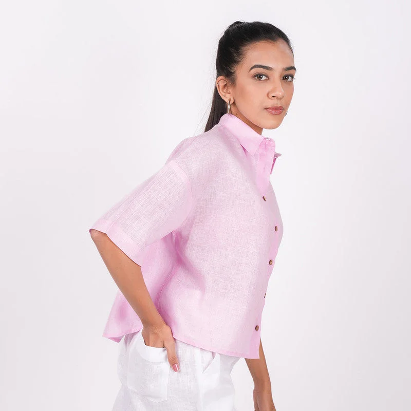 Linen Pink Shirt for Women | Half Sleeves | Drop Shoulder